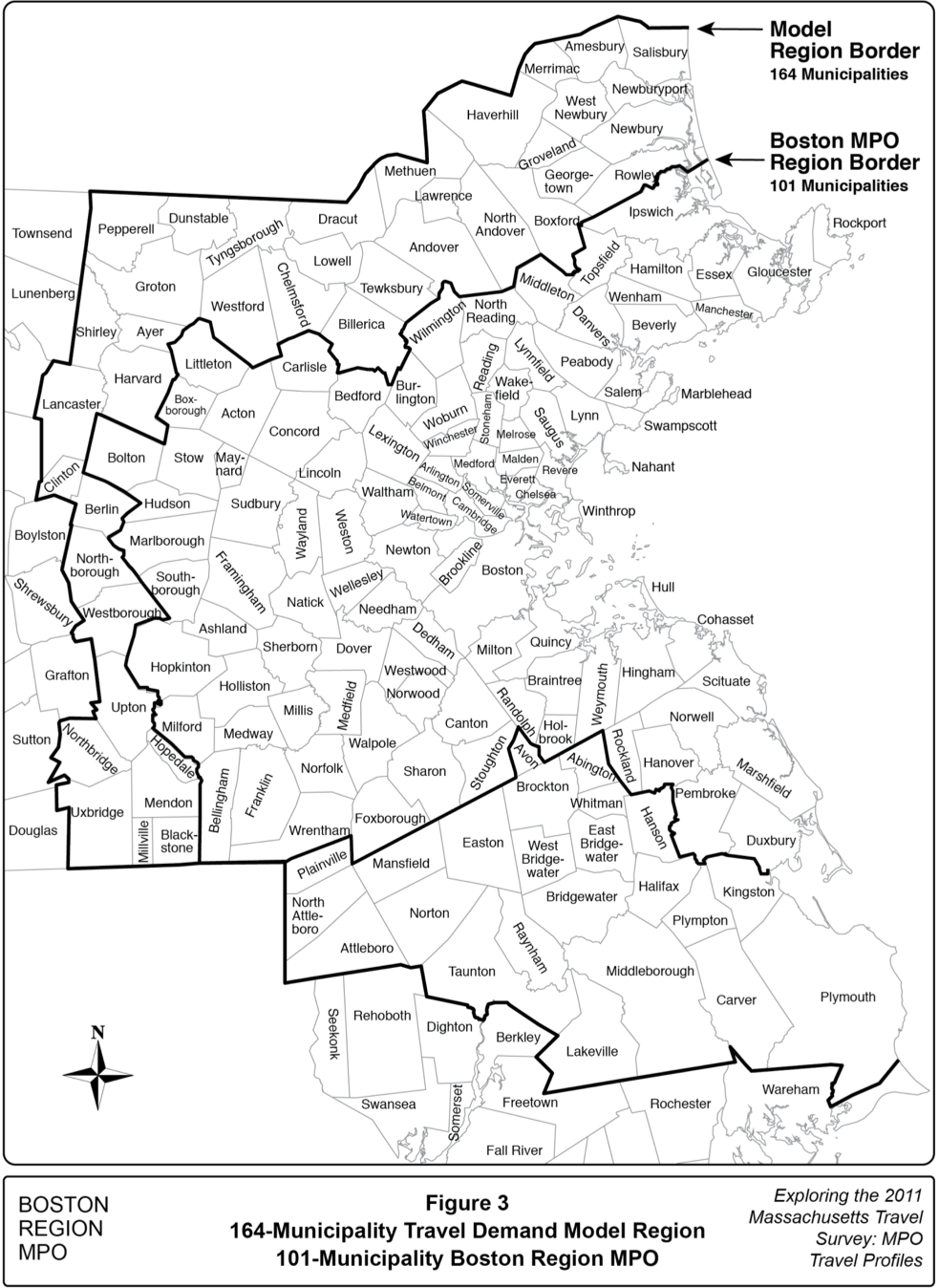 Figure 3 is a map of 164 municipalities in eastern Massachusetts. The 101 municipalities in the Boston Region MPO’s planning area are outlined, as well as the 63 other municipalities that are included in the MPO’s travel demand model region.